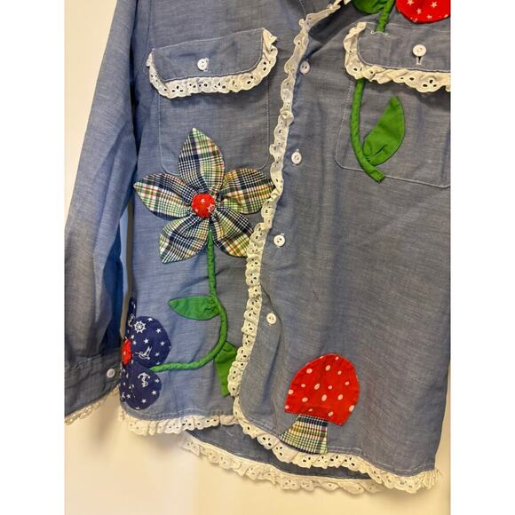 Vintage Retro Chambray Denim Embroidered Blouse Hand Made Hippie - Picture 3 of 6